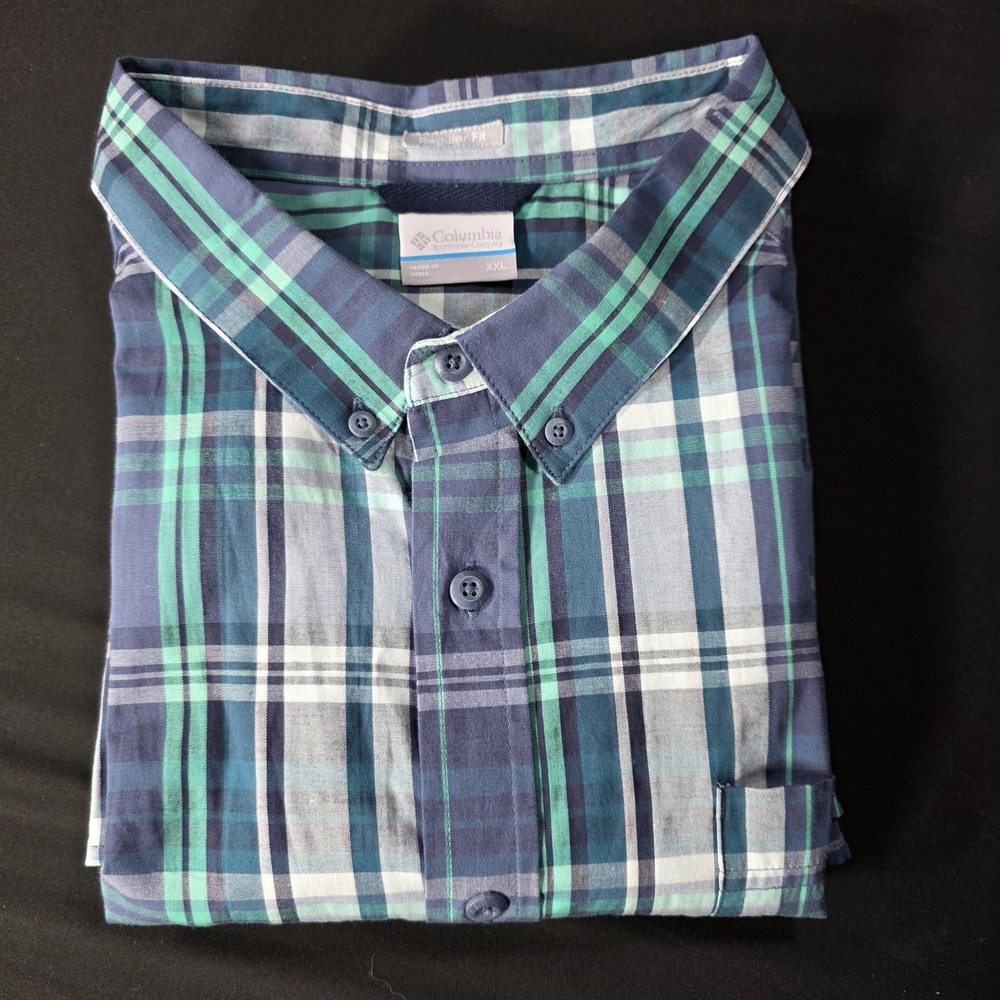 Columbia Shirt Men's XXL Blue & Green Plaid Short Sleeve Button Up 1‎ Pocket